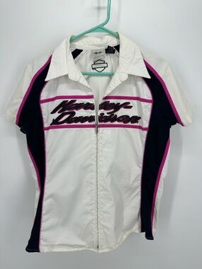 Vintage Harley-Davidson Women’s Mechanic-Style Zip-Up Shirt Pink, Black  Sz XL
